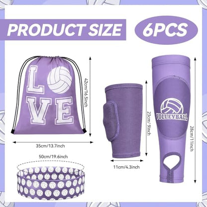 6 Pcs Volleyball Knee Pad and Arm Sleeve Volleyball Accessories Drawstring Bag Softball Headbands Volleyball Protection Training and Games Equipment Gifts - color: Purple, size: Medium