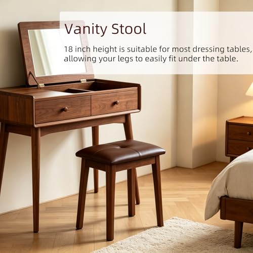 Solid Wood Vanity Stool with Cushion - color: Brown - 18"h