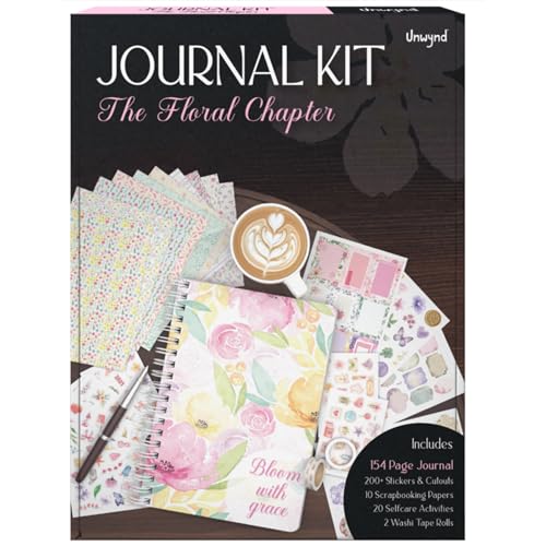 Unwynd Floral Chapter Journal Scrapbooking Starter Kit for Women Adult Teen | Junk Scrapbook Supplies - Washi Tape, Stickers, Paper, Bullet Art, DIY Journaling Scrapbooks Set - Calligraphy & Sumi Brushes