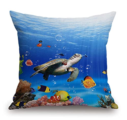 TSSOHU Ocean Underwater Marine Life Outdoor Throw Pillow Cover Sea World Animals Tropical Fish with Turtles Coral Decorative Pillows Farmhouse Cushion Cases Home Decor for Couch 18x18 inch - color: Tss53