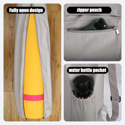 Cotton yoga mat bag with Pockets and Adjustable Strap - Full Zip Cargo Yoga Mat Carrier Bag - Bag for 1/4" 1/3" Thick Yoga Mat - color: Grey, size: XL