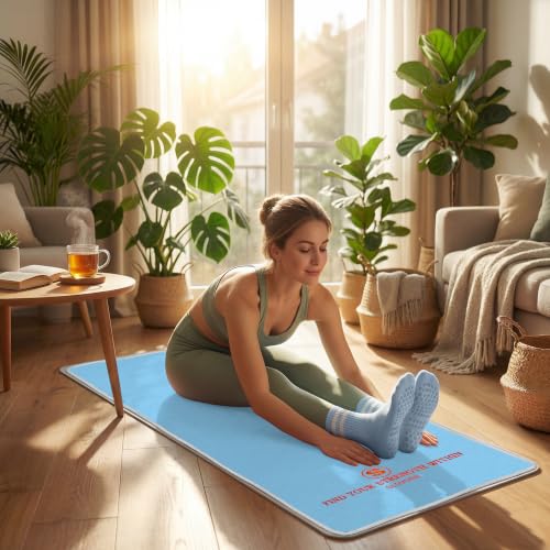 Upgraded Yoga Mat Towel with Bonus Grip Socks, Elegant Embroidered - color: Sky Blue