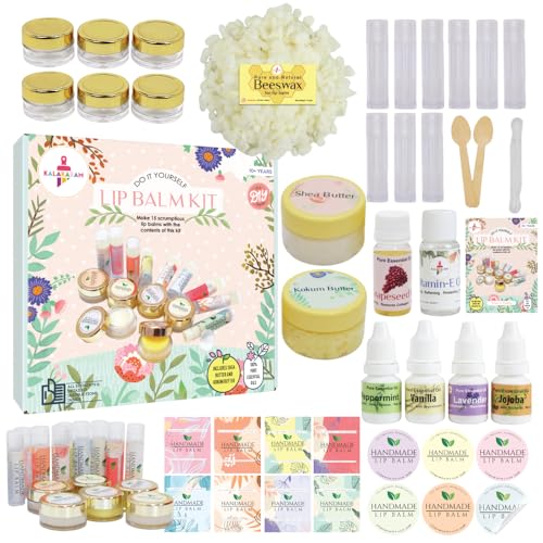 Kalakaram DIY Lip Balm Making Kit - Make 15 Lip Balms with Shea & Kukum Butter, Beeswax, Vitamin E Oil, Grapeseed & Essential Oils, DIY Activity Kit for Kids & Craft Kit for Girls 9-12