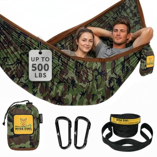 Wise Owl Outfitters Camping Hammock – 500lbs Portable Hammock with Tree Straps - Travel, Backpacking, Hiking, Outdoors Camping Gear - Double - color: Camo Brown, size: Double