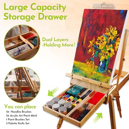 CONDA Large Wooden French Easel and Sketchbox Easel, Adjustable Tripod Easel Stand with Drawer and Palette for Artist, hobbyists, Professionals, Ideal Easel for Painting, Sketching, and Display - color: Gold