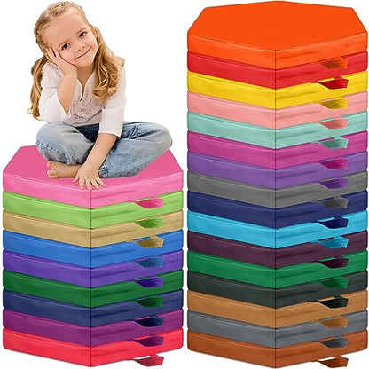 Timgle 25 Pcs Floor Cushions for Classroom 15 Inch Flexible Seating Bulk with Handles 1.6 Inch Thick Foam Floor Pillows Portable Seating for Home School Kindergarten Daycare Nursery Playroom(Hexagon) - style: Hexagon