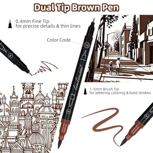 LIULIUCAI 10 Brown Dual Markers, Fine & Brush Tip Pen for Adult Coloring | Drawing Pen, Earthy Brown Markers for Wood Textures, Rustic Illustrations, Animal Sketches , Cozy Interiors, No Bleeding - color: 10 Brown