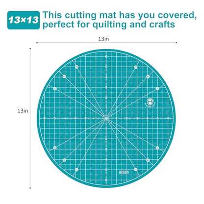 Headley Tools 13"x13" Round Rotating Cutting Mat, Self Healing Mat with 360-Degree Rotation & Anti-Slip Base, Sewing Board Cutting Mat Perfect for Fabric Quilting Leather Hobby Project, Turquoise - color: Turquoise, size: 13"L x 13"W