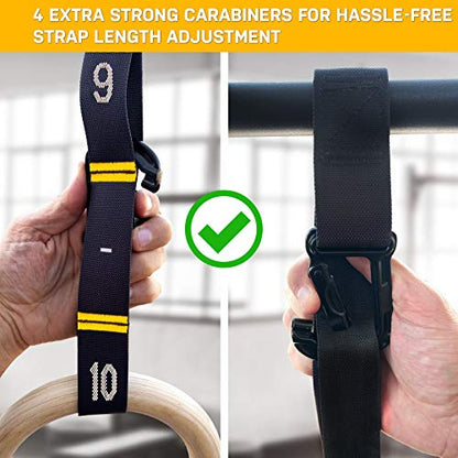 Double Circle Wood Gymnastics Rings with Quick Adjust Numbered Straps and Exercise Videos Guide - Full Body Workout Rings, Calisthenics, Home Gym (Multi-Size) - style: Rings & Straps + Door Anchor + Foot Straps