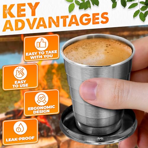 Collapsible Travel Cup with Lid 2.5Oz (75ml) - Leak-Proof Сollapsible Shot Glass Keychain, Highly Portable, Made of Rust & Bend Resistant Stainless Steel - Foldable Cup for Traveling, Fishing, Camping | Small Collapsible Cup with Lid for Camping, Travel a