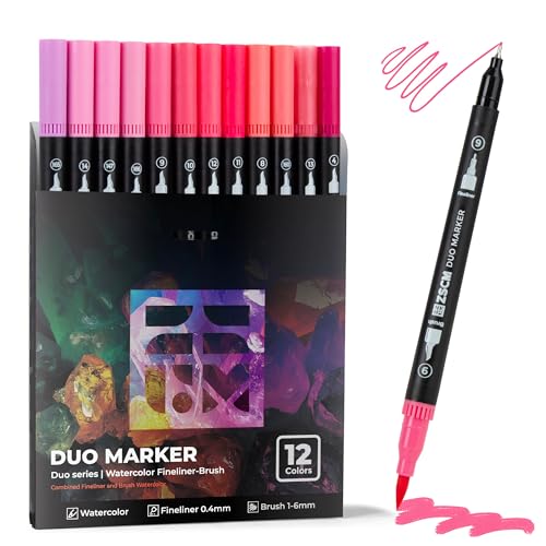 Pink Duo Tip Marker Pens, 12 Fine & Brush Tip Pen For Adult Coloring Books | No Bleeding Blushing Pink Markers, Drawing Pen for Romantic Illustrations, Floral Designs, Cute Doodling and Lettering - color: 12 Pink