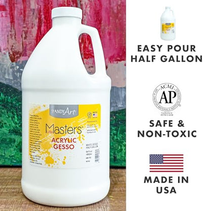 Handy Art Little Masters White Gesso, Half Gallon (64 oz) Bulk, Acrylic Primer for Canvas, Wood & More, Made in USA, AP Non-Toxic, Allergy Friendly, Prepares Surfaces for Painting - size: 64 Fl Oz (Pack of 1)