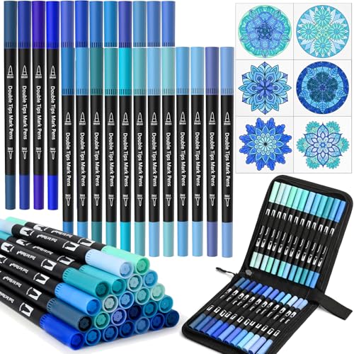 Blue Dual Tip Brush Pen,Colored Fine & Brush Calligraphy Pens, Dual Tip Blue Markers for Adult Coloring Felt Tip Books Drawing Planner Calendar Art Sketch Outlining Sketching Calligraphy - color: Blue