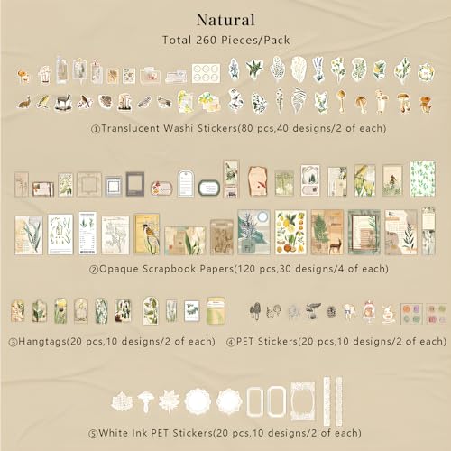 Teniinet 260 PCS Vintage Scrapbooking Supplies Kit for Beginners (Natural) | Large Collection, Aesthetic Journaling, Bullet Junk Journals, Arts Craft Collage,Ephemera Adults,Girls Teenage School Style - color: Natural