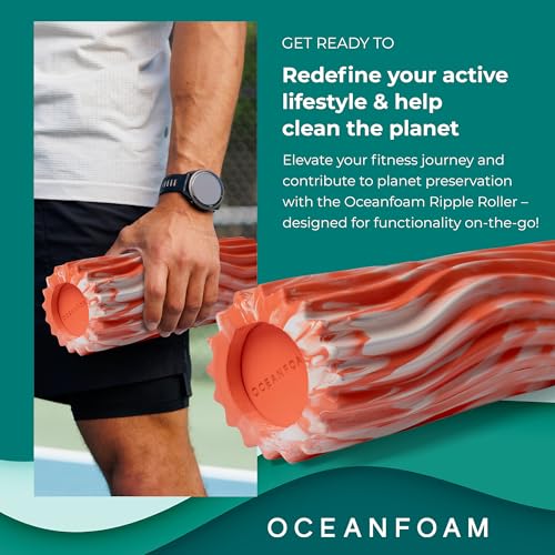 Oceanfoam Ripple Travel Foam Roller (11" x 3.35") Firm Mini Foam Roller for Physical Therapy, Deep Tissue Massage, Back Pain - High Density, Ergonomic Wave Textured - Yoga, Exercise (Orange Marbled)