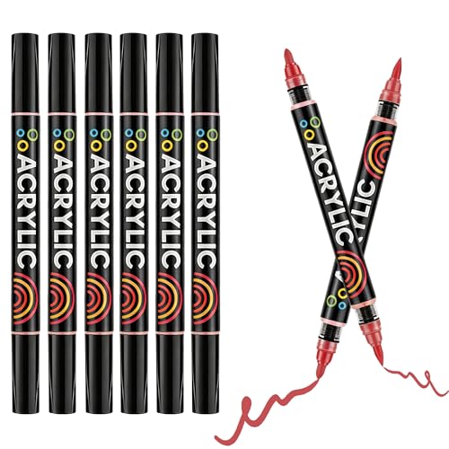 Dual Tips Acrylic Paint Markers - Fine Tip and Brush Tip Acrylic Paint Pens for Stone,Paper,Wood,Glass,Fabric Paint,DIY Crafts (6, Red) - color: Red