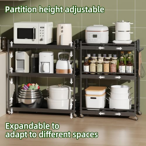 2 Tier Expandable Rolling Cart with wheels, pantry organizers and storage - size: 2 Tier(Black)