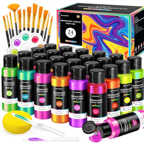 40 PCS Iridescent Acrylic Paint Set, 24 Colors (2oz/60ml) Art Craft Paint | with 12 Brushes, 2 Knives & Palette, Paint for Adults Artists Beginners, Canvas Ceramic Rocks Wood Painting Kit Art Supplies - color: Iridescent Colors, size: 2 Fl Oz (Pack of 24)