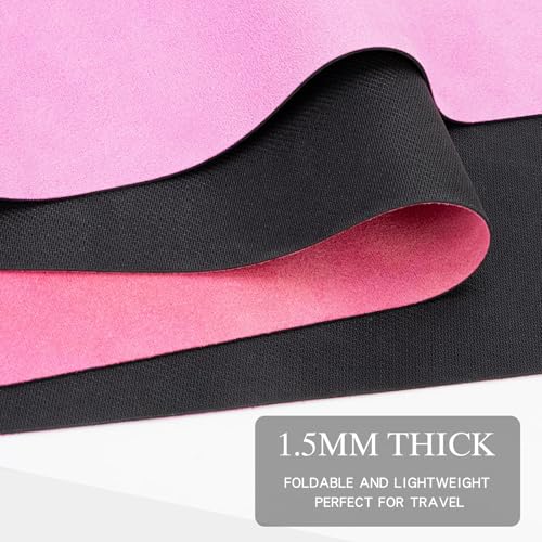 Foldable Yoga Mat, 1.5mm Thick Exercise Yoga Mat With Carry Bag | 72" L x 24" W, Non-slip Suede Fitness Travel Yoga Mat for Hot Yoga, Exercise, Pilates, Home & Gym Use, 3 lbs - color: Pink