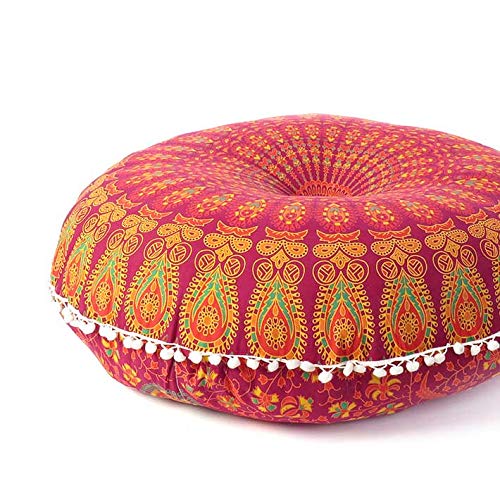 Mandala Floor Pillow Cover Meditation Cushion Seating Throw Hippie Round Colorful Decorative Bohemian Indian Pouf Ottoman Handmade Cover ONLY (A1 Burgundy, 32" x 32") - color: A1 Burgundy, size: 32" x 32" (Pack of 1)