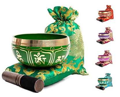 Tibetan Singing Bowl Set - Authentic Handcrafted Mindfulness Meditation Holistic Sound 7 Chakra Healing by Himalayan Bazaar (Emerald) - color: Emerald Green