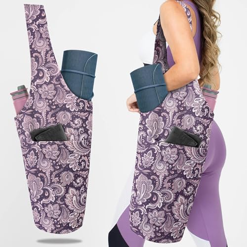 Yoga Mat Bag Yoga Tote Bag with Large Pocket and Zipper Pocket Yoga Mat Bag Carrier Fit Most Size Mats and All You Stuff - color: light purple