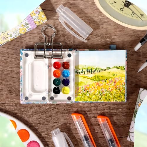11 Pcs Mini Portable Watercolor Palette Set Travel Paint Palette Kit Pocket Watercolor Travel Set Clear Acrylic Grid Paint Box 3Pocket Watercolor Sketchbooks 6Artist Paint Brushes 1Binder Clip