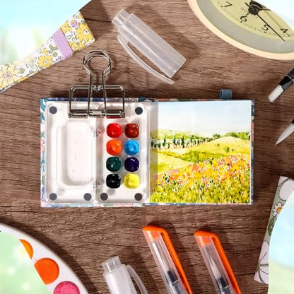 11 Pcs Mini Portable Watercolor Palette Set Travel Paint Palette Kit Pocket Watercolor Travel Set Clear Acrylic Grid Paint Box 3Pocket Watercolor Sketchbooks 6Artist Paint Brushes 1Binder Clip