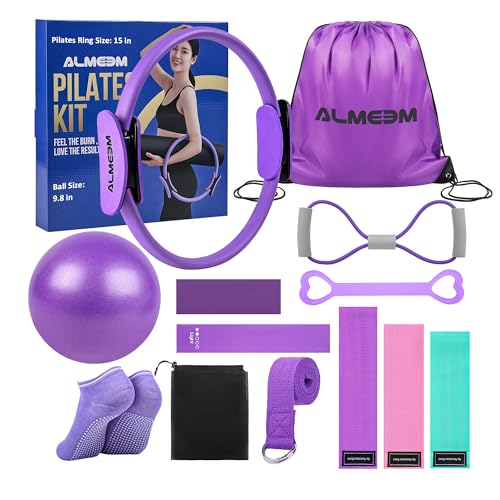 Pilates Ring Kit for Women and Men - 15 inch Magic Circle Exercise Ring and Ball Set for Home Workout Equipment - Dual Padded Handles Ring and Resistance Bands Set for All Fitness Lovers - color: PURPLE