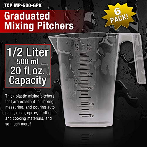 TCP Global 1/2 Liter (500ml) Plastic Graduated Measuring and Mixing Pitcher (Pack of 6) - Holds Over 1 Pint (16oz) - Pouring Cups, Measure & Mix Paint, Resin, Epoxy, Kitchen Cooking Baking Ingredients - size: 500ml