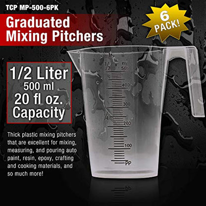 TCP Global 1/2 Liter (500ml) Plastic Graduated Measuring and Mixing Pitcher (Pack of 6) - Holds Over 1 Pint (16oz) - Pouring Cups, Measure & Mix Paint, Resin, Epoxy, Kitchen Cooking Baking Ingredients - size: 500ml