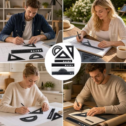 Triangle Ruler, 6 Pcs Aluminum Drafting Triangle Set with Metal Protractor, Professional Metal Ruler Kit for School Math Classes and Engineering Drafting, Portable Geometry Tools with Protective Case