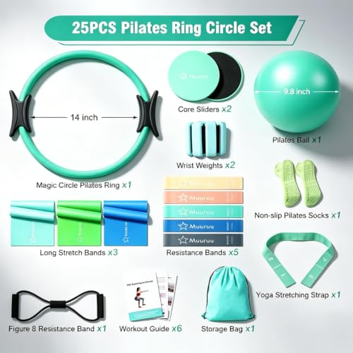 Pilates Kit Equipment, Pilates Ring and Ball for Women Home Workout | Pilates Set with 14'' Magic Circle, Wrist Weights, Resistance Bands, Yoga Strap, Socks, Bag, Essentials Accessories Kit - color: Green