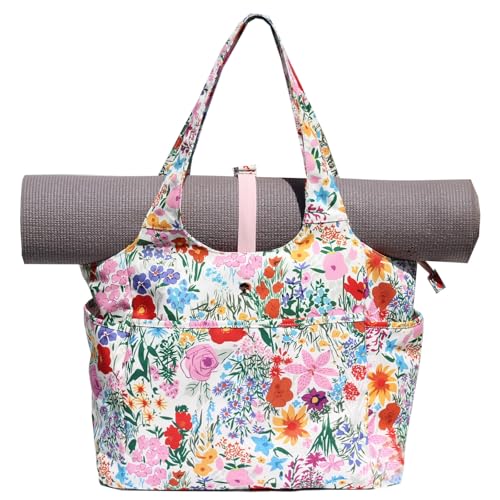 ESVAN Yoga Tote Bag Mat bag Women Shoulder Bags Carryall Tote for Travel Office Workout Gym Nurse Beach - color: Canvas Pink Flower