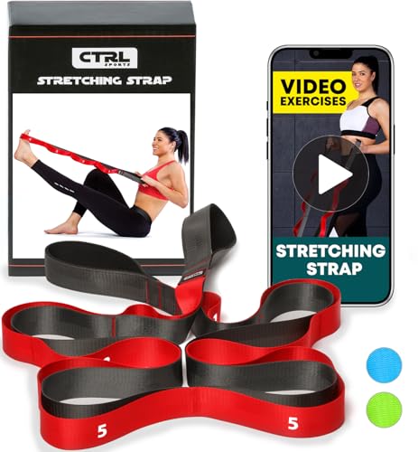 Stretching Strap with Loops - Non Elastic Yoga Strap for Physical Therapy | Video Exercises Included - Stretch bands for Stretching Equipment and Flexibility - Fascia, Hamstring & Leg Stretcher Belt - style: 12 Loops - Red