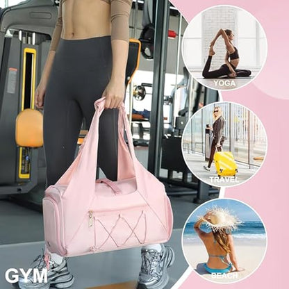 Gym Bag for Women, Yoga Mat Bag with Shoe Compartment and Wet Pocket, Sport Yoga Gym Bag with Yoga Strap, Carryall Yoga Tote Bag - color: Pink