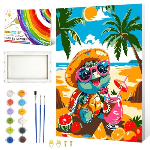ZTOTZ Turtle Paint by Numbers Framed Canvas,Adults&Kids Ages 8-12 | Adult Paint-by-Number Kits,Beach Animals Number Painting for Holiday Home Decor(8x12IN,Colourful Box) - color: B-03-turtle
