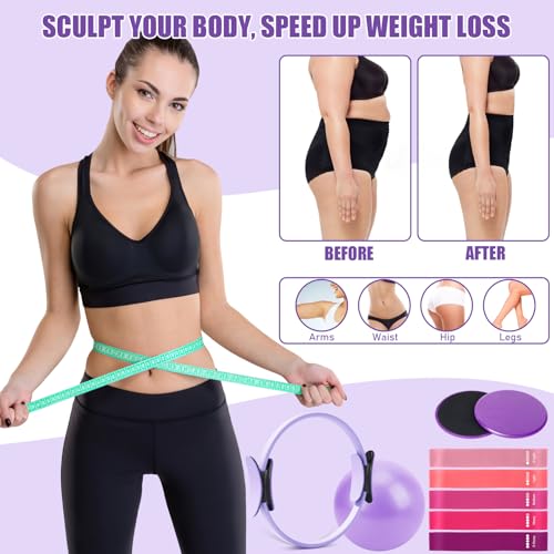 Pilates Ring Set - Home Workout Equipment Set with 12.6'' Magic Circle, 9.8'' Ball, Sliding Disks, Resistance Bands & Training Poster etc, Pilates Kit for Beginners, Fitness Gift Idea