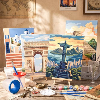 Sherr 96 Pcs 12 Sets Pre Drawn Canvas Kit for Painting Craft Sip and Paint Kit for Adults Pre Printed Canvas Painting Favor for DIY Birthday Gifts Adult's Date Party, 8 x 10 Inches (City) - style: City