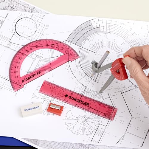 STAEDTLER Student Math Set - Essential School Supplies with 6-Piece - Compass, 6in Ruler, 180° Protractor, Pencil, Eraser & Sharpener in Zippered Storage Pouch