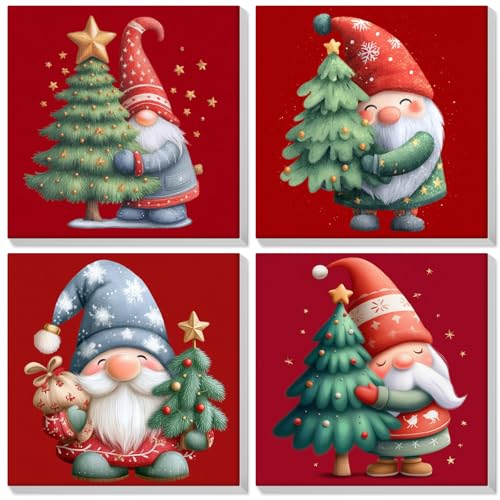 Bowetile 4 Pack Framed Paint by Numbers Christmas for Adults, Gnome Paint by Numbers for Kids Ages 8-12 on Canvas, Easy Acrylic Cartoon Number Painting Christmas Gifts for Home Wall Decor, 8x8in - color: Gnome-Red