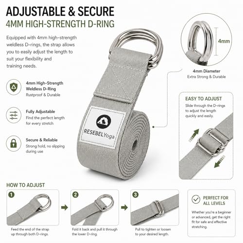 Yoga Strap for Stretching, Non-Elastic Yoga Belt with D-Ring - color: Grayish White, size: 8Feet/2.4M
