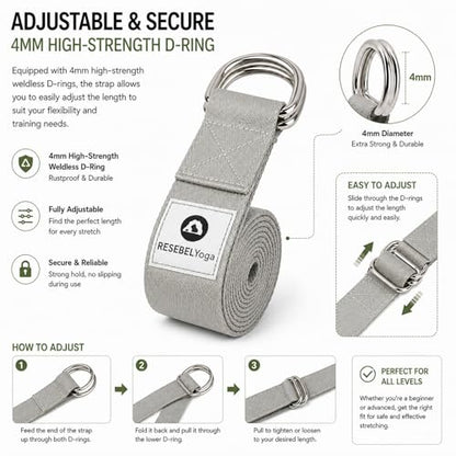 Yoga Strap for Stretching, Non-Elastic Yoga Belt with D-Ring - color: Grayish White, size: 8Feet/2.4M