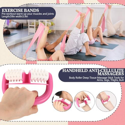 Arrowbash 5-in-1 Pink Yoga Wheel Set Back Stretcher Wheel Deep Tissue Massage Foam Roller Trigger Point Relieve Ball, Resistance Loop Exercise Bands Massage Roller for Deep Tissue Yoga Beginner Gift