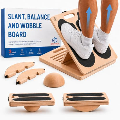 Slant Board for Exercise, 3-in-1 Wooden Calf Stretcher, Rocker Balance Board and 360° Wobble Board, 5 Adjustable Angles, Anti-Slip Surface, Training Poster Included - size: Standard