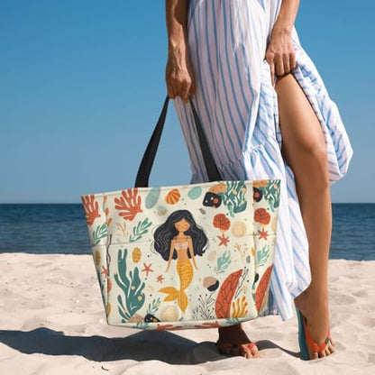Large Beach Bag for Women Waterproof Foldable Travel Shoulder Tote Bag with Pocket for Weekender Pool Vacation - color: Fish Beige