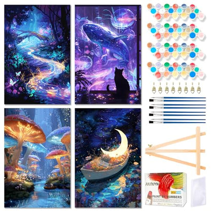 Muzagroo Art 4 Pcs Paint by Numbers Kits for Adults Framed Canvas with Wooden Easel DIY Beach Acrylic Oil Paintings Kits Paint by Numbers on Canvas Wall Art 8x12 inch (Magic Workd) - color: Magic Workd