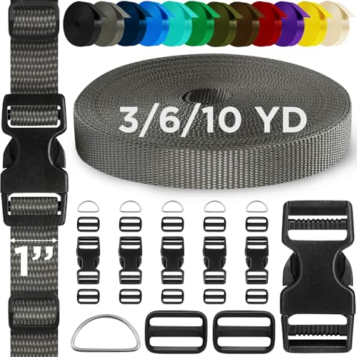 TECEUM 1" Nylon Strap Kit with Buckles, Charcoal 6 yards Repair Set | Heavy duty hardware kit: 6yd webbing, 6 quick release buckles, 12 tri-glide slide clips, 6 metal D-rings for crafting. - color: Charcoal, size: 1" - 6 yards, style: 6 Buckle - 12 Slides