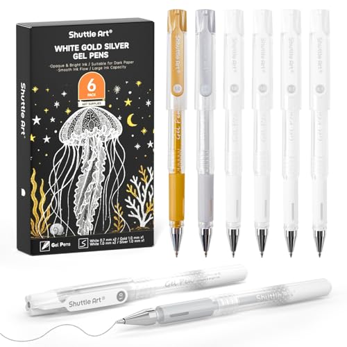 Shuttle Art White Gold Silver Gel Pens, 6 Pack 0.7mm, 1.0mm Metallic Gel Ink Pens Fine Point for Black Paper Highlighting Card Making Scrapbooking Coloring Writing Drawing School Office Home - color: 4 White, 1 Gold, 1 Silver