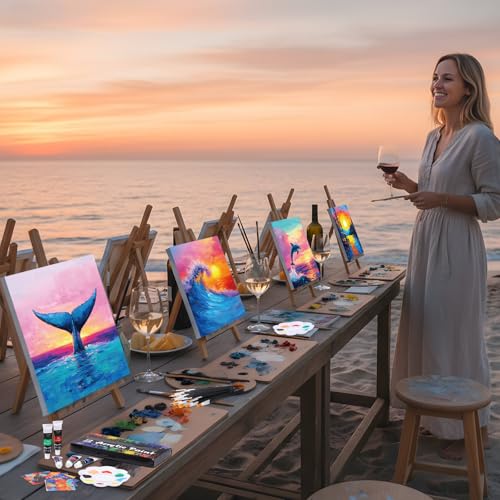 Ctosree 72 Pcs Natural Scenery Paint and Sip Kit for Adults 8'' x 10'' Pre Drawn Canvas for Painting DIY Pre Printed Canvas for Party Favor Afro Acrylic Painting Kit Wood Easel Brushes Bulk - style: Natural Scenery